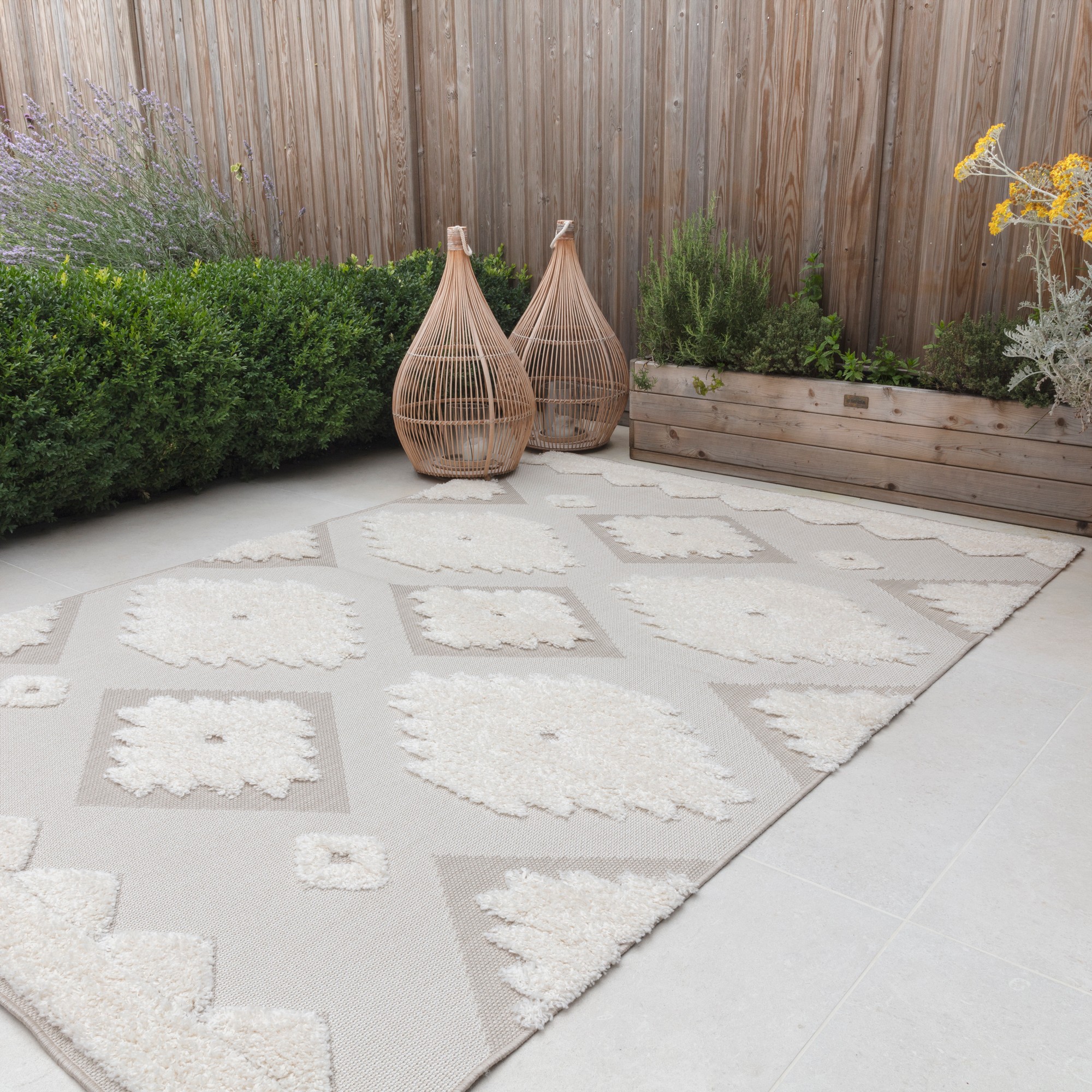 Monty Tribal Geometric Outdoor Rugs In Mn02 Natural Cream